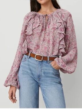 Ann Taylor Pink Paisley Ruffle V-Neck Blouse M